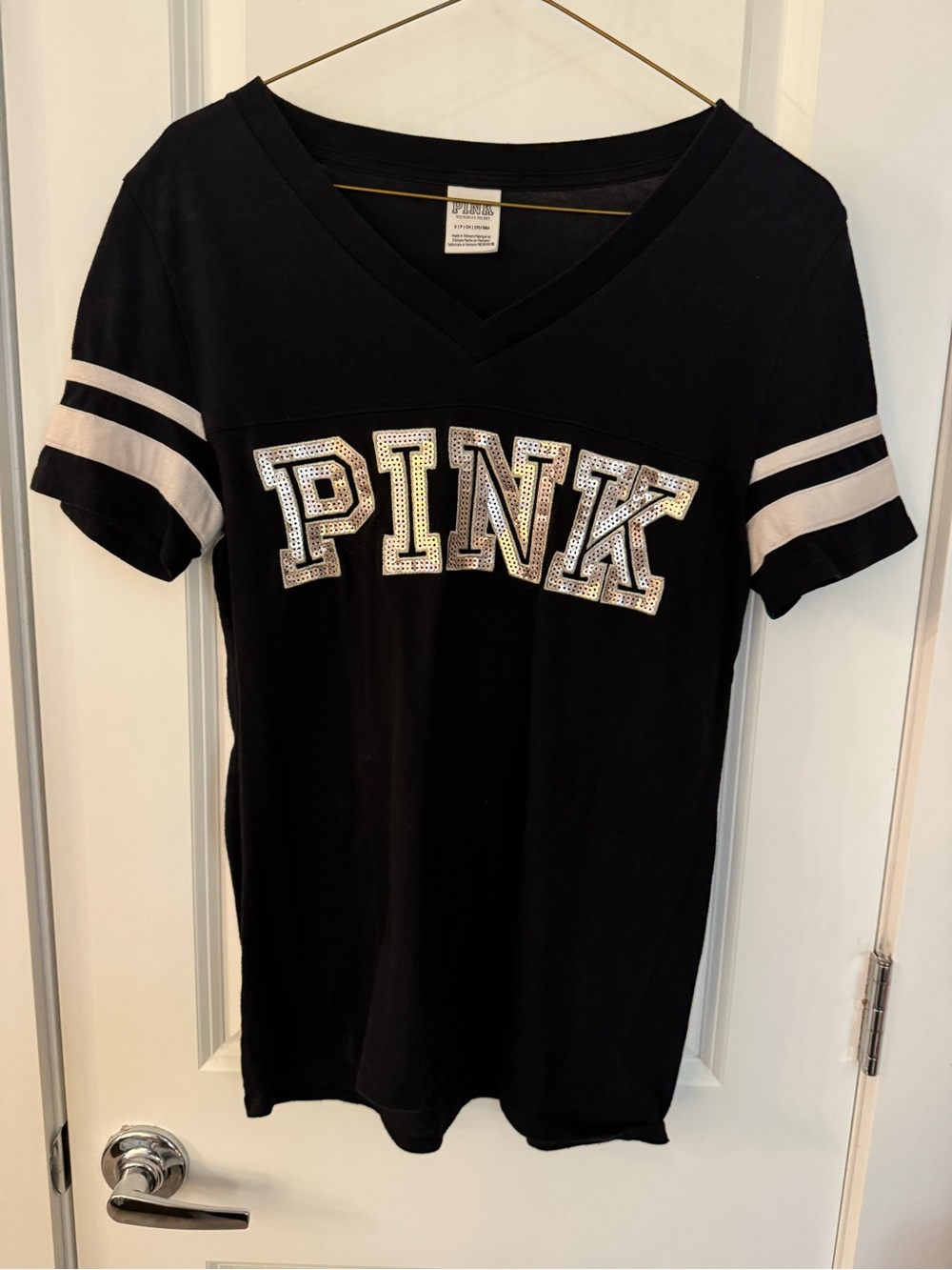 PINK by Victoria Secret Black V-Neck Tee with White Stripe Sleeves. Size Small.
